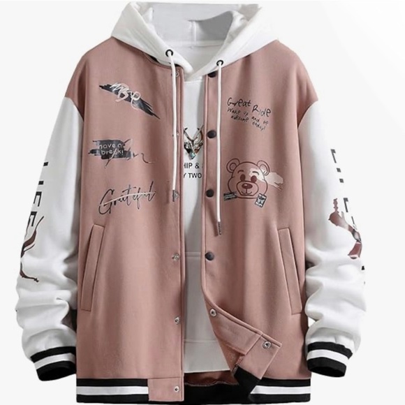 Pink Dusty Rose Hooded Mens Button Up Bomber Jacket